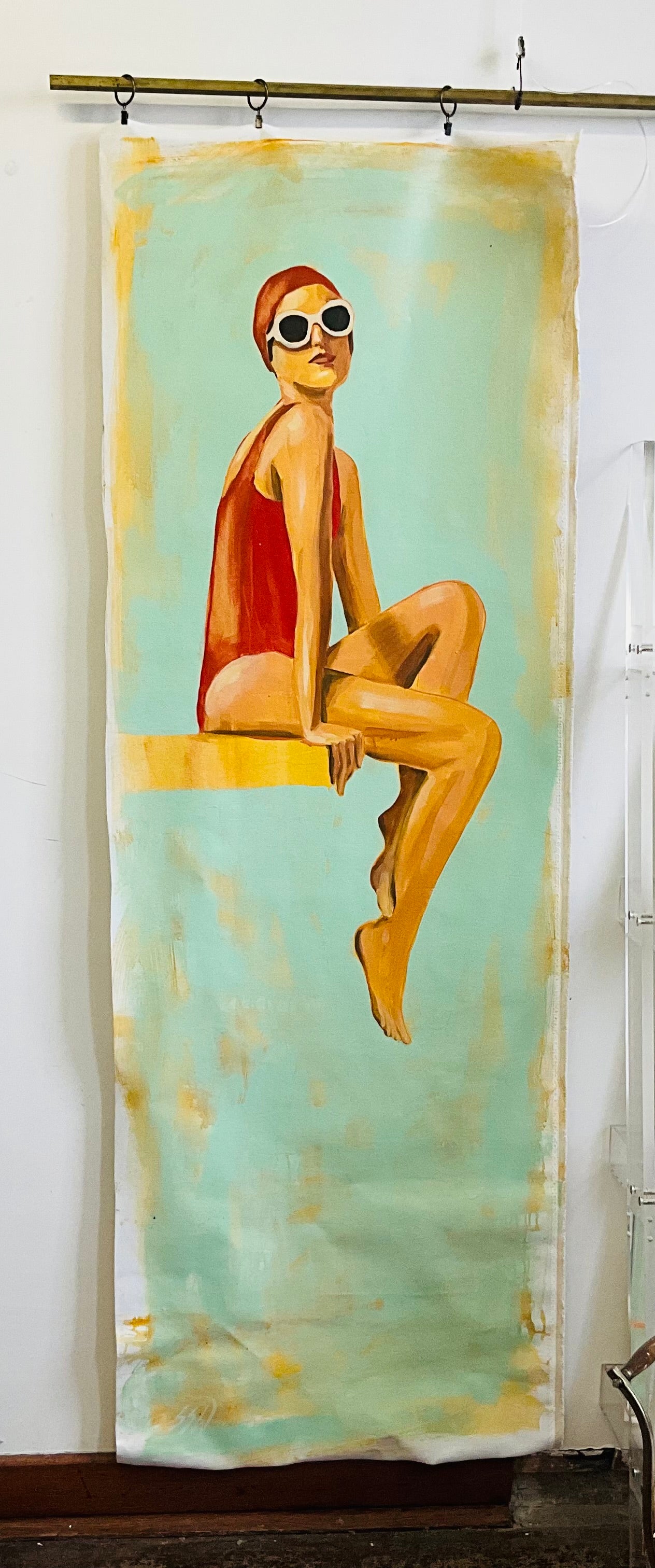 dive in lady red swimsuit