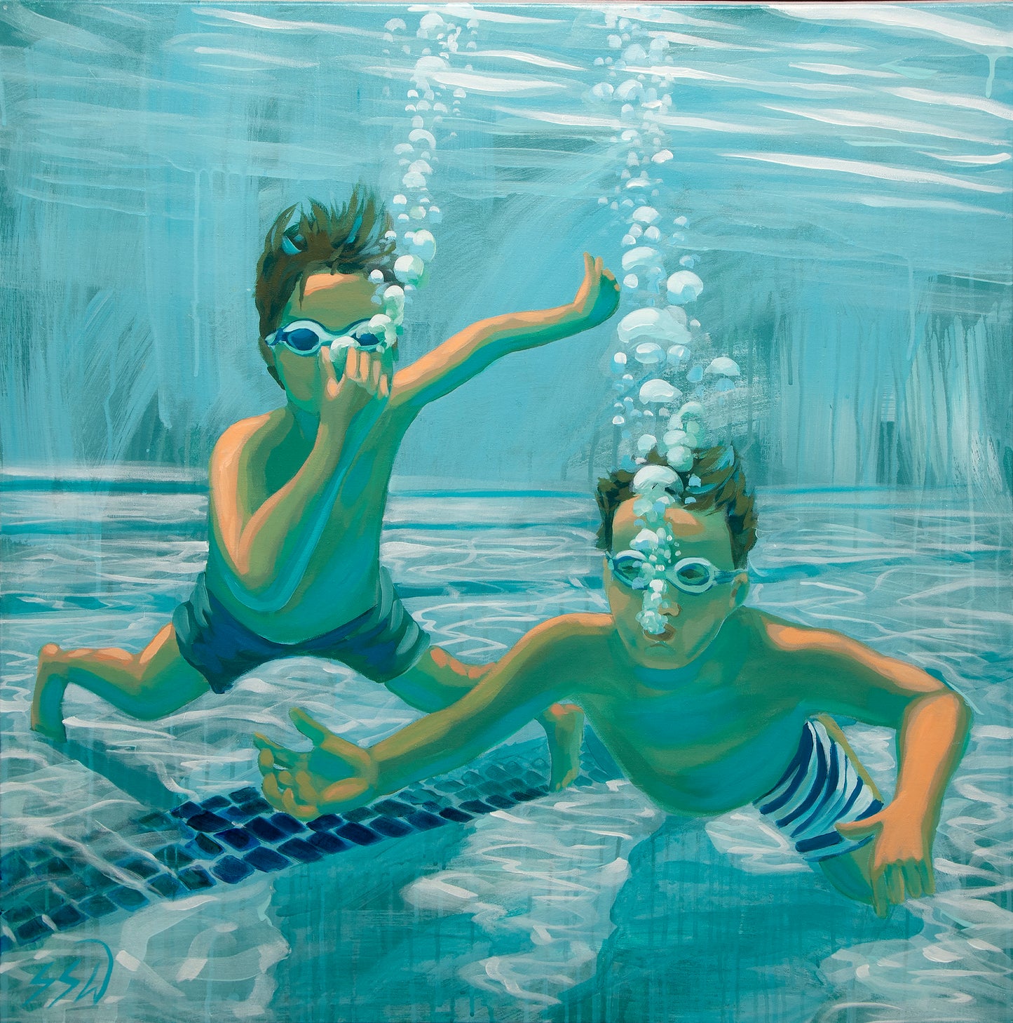 Two children swimming underwater in a pool with bubbles and light effects. print kiddos womb mates

