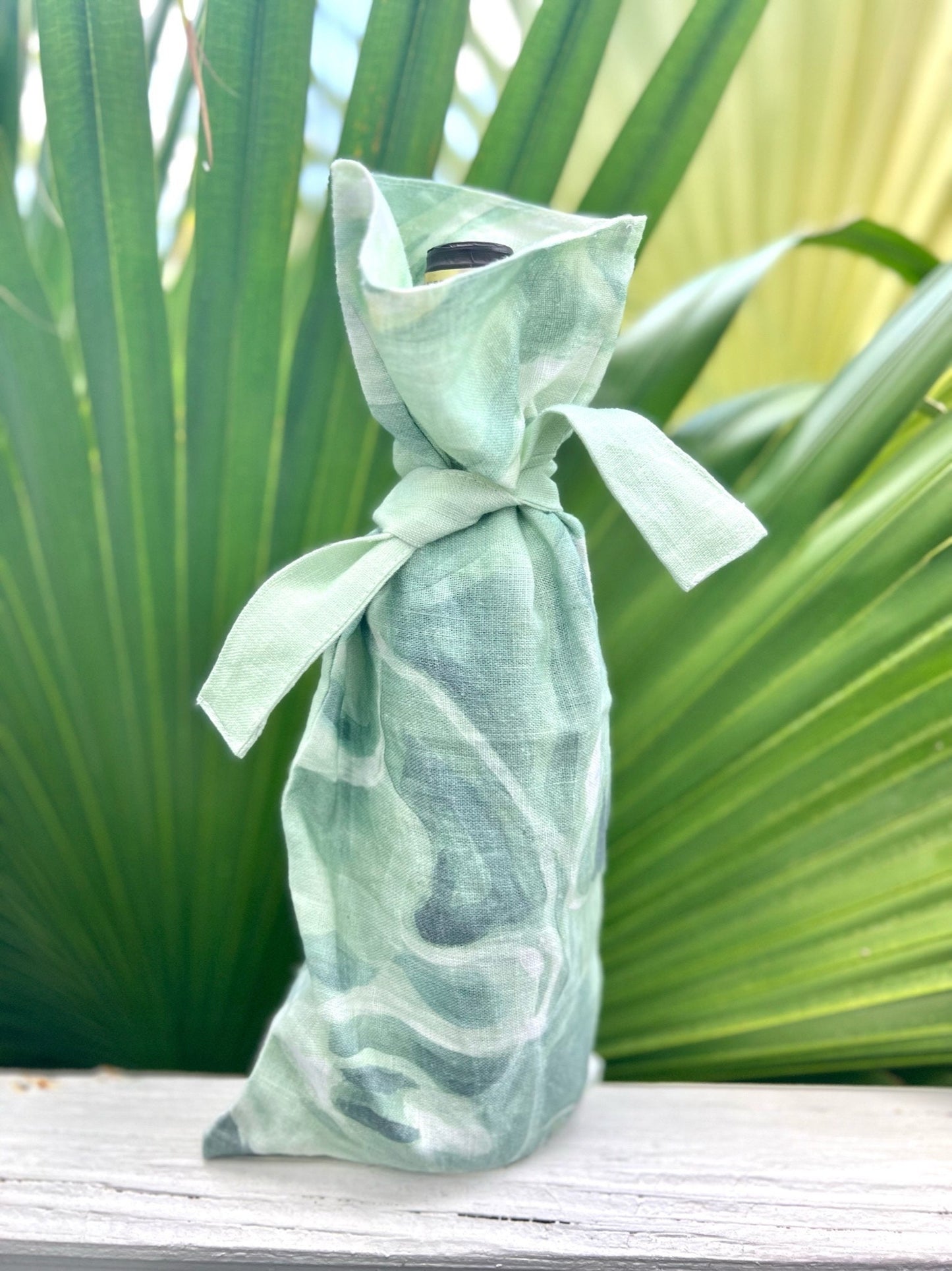 Lullaby, light green, coastal inspired linen wine bag