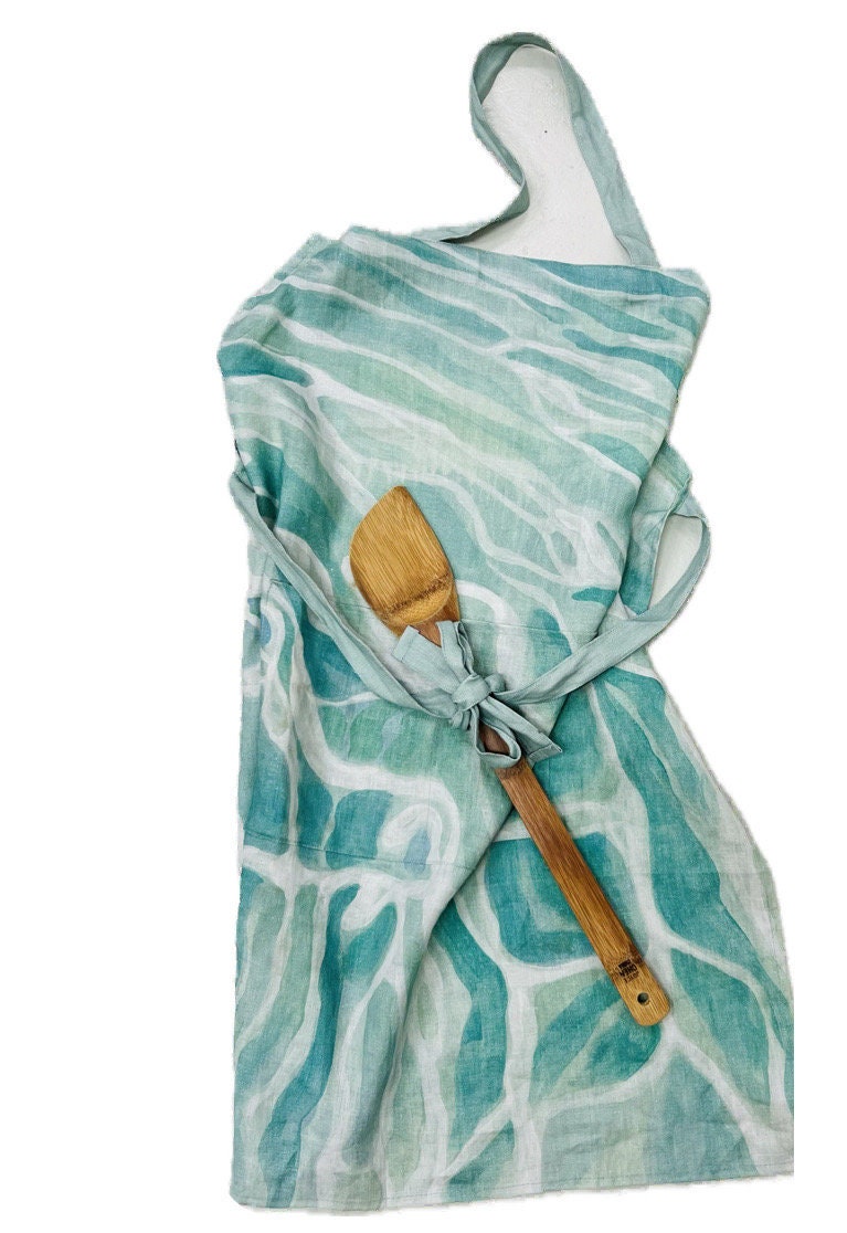 coastal aqua linen apron created from art by Sarah Soule Webb
